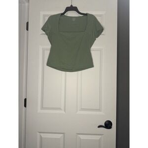 Pumiey Short Sleeve Square Neck Stretchy Crop Top T Shirt Green Xl